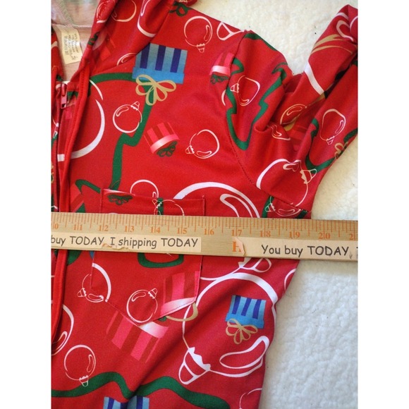 Red Christmas One Piece Hoodie Pajama Unisex Medium‎ AOP With Ornaments Bells - Picture 5 of 8